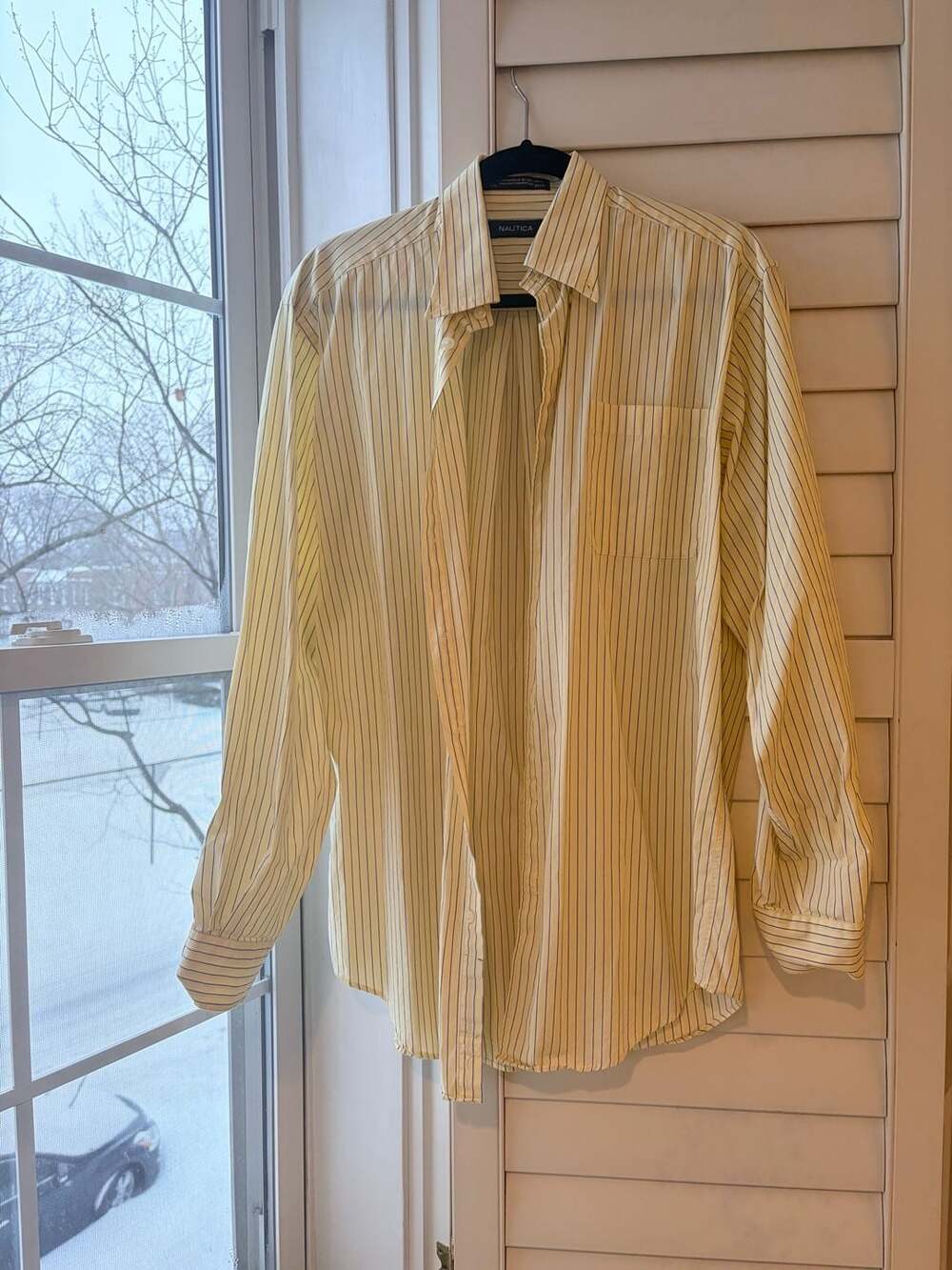 Nautica Men's Yellow and Blue Striped Long Sleeve Button-Down Shirt